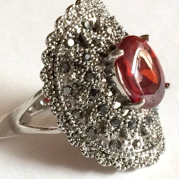 Art Deco Ruby Marcasite Cocktail Ring Size 6 7 Silver Rhodium Plated Simulated - Picture 2 of 12